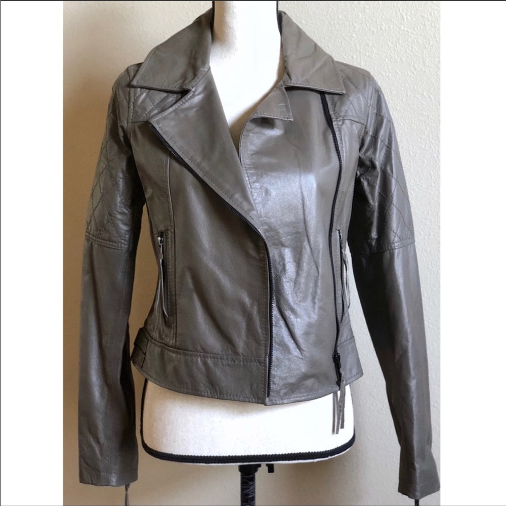 My Tribe Quilt Stitch Taupe Leather Moto Jacket S